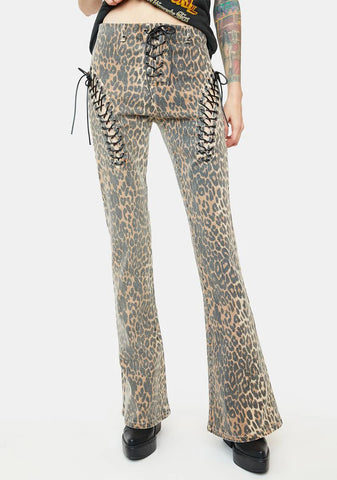 Leopard Lace Up Flared Jeans