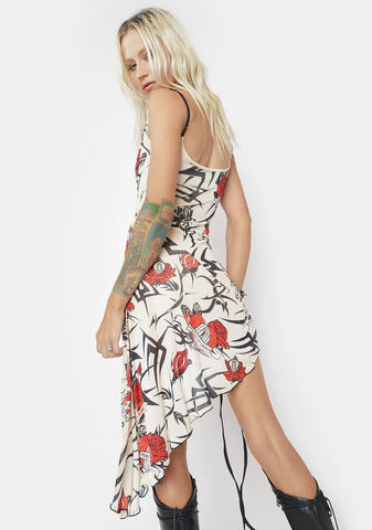 Beige Tattoo Rose Waterfall Mesh Mini Dress