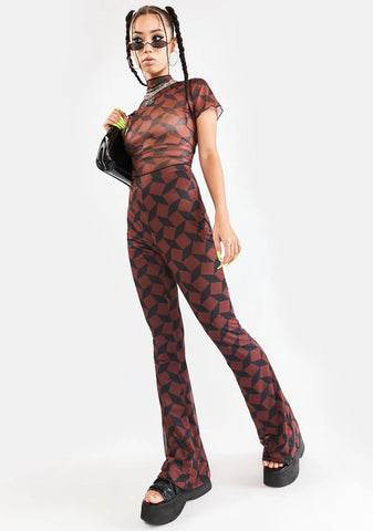 Recycled Brown Geo Mesh Flare Pants
