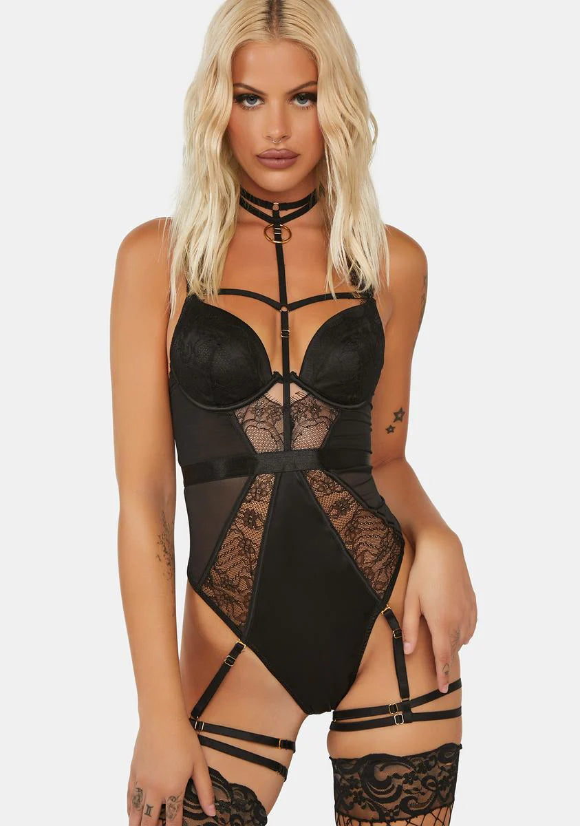 WW x Sammi Black Satin & Lace Wired Harness Bodysuit
