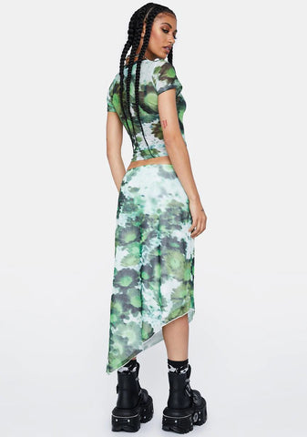 Xray Blurred Daisy Green Mesh Tansu Midi Skirt