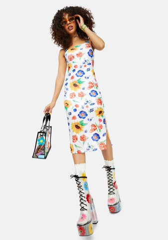 Here Comes The Sun Floral Mesh Midi Dress