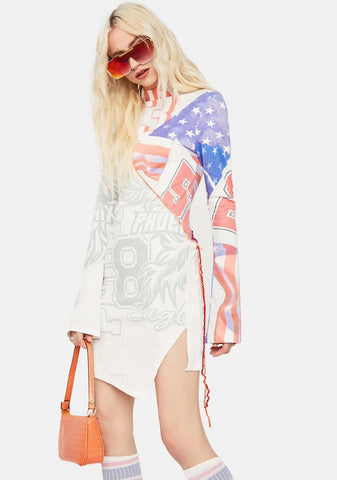 Varsity Flag Print Cut & Sew Long Sleeve Jersey Dress