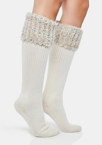 White Cozy Braid Knee High Socks