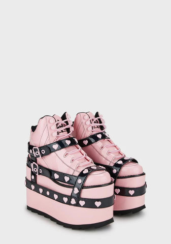 Qozmo Bondage Platform Sneakers - Pink/Black Hearts