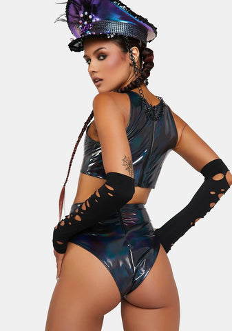 Black Holo PVC High-Waist Shorts