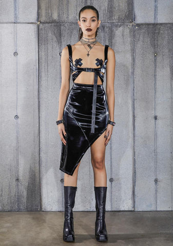 Snare Asymmetrical Vinyl Midi Skirt