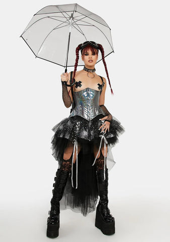 Black Rainbow Glitter Holo Double Steel Boned Waist Cincher Corset