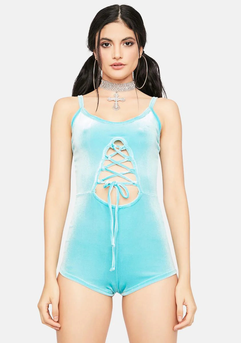 Aqua Changing Perspectives  Velour Lace Up Romper