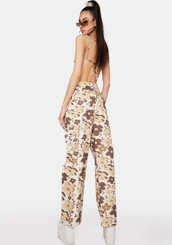 Brown Vacay Floral Cargo Pants