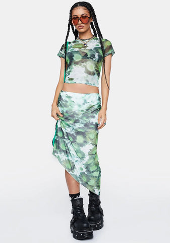Xray Blurred Daisy Green Mesh Tansu Midi Skirt