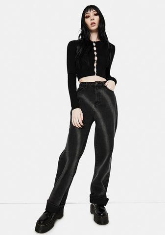 Washed Black Tie Dye Circle Effect Baggy Wide Leg Jeans