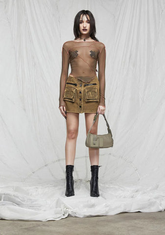 Synth Washed Button Up Cargo Skirt