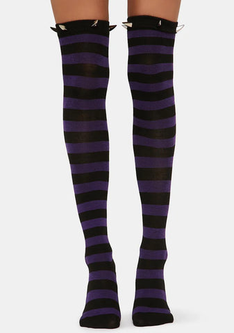 Violet Evil Delights Striped Thigh High Socks