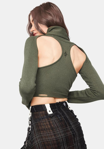 Distortion Olive Knit Cutout Turtleneck Top