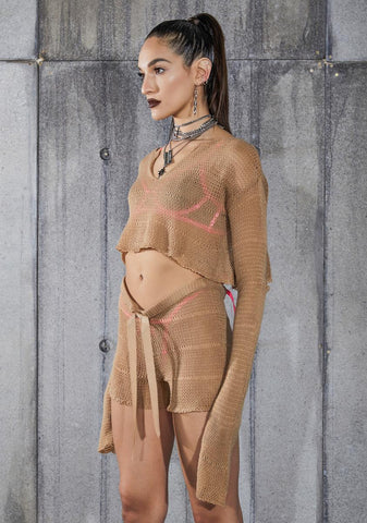 Snare Tan Cropped Longer Sleeve Sheer Knit Sweater