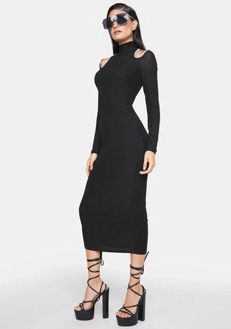 Diamante Detail Shoulder Cut Out Midi Dress