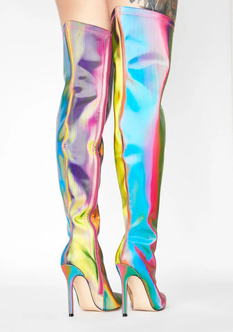 Rainbow Feather Thigh High Boots