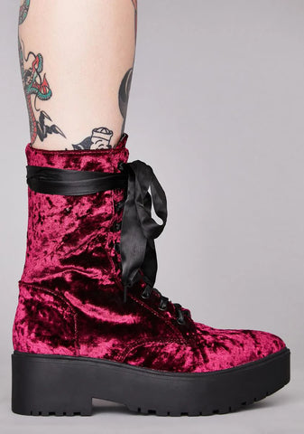 Wine Sin-Struck Strides Velvet Boots