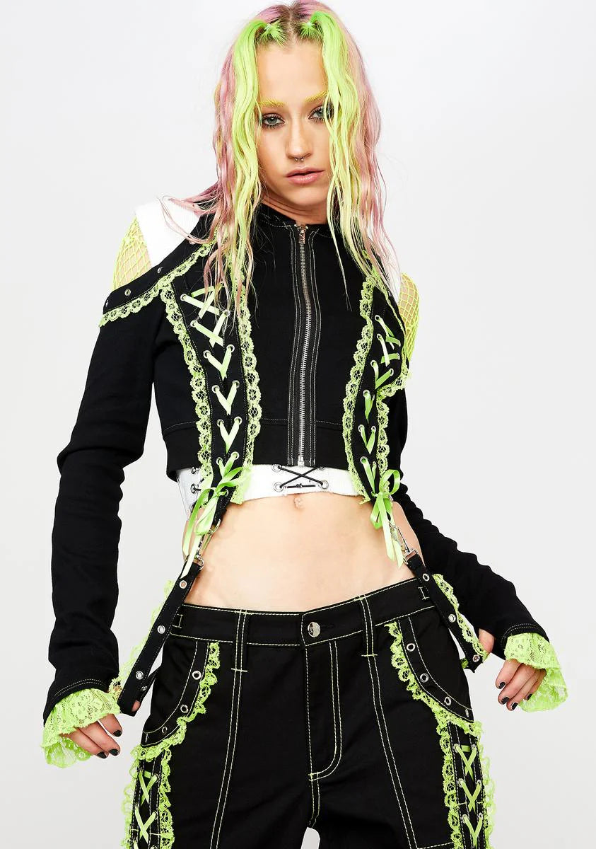 Green Lace Crop Hoodie