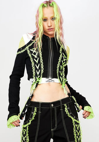 Green Lace Crop Hoodie