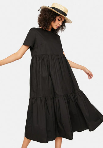 Black Short Sleeve Tiered Maxi Dress