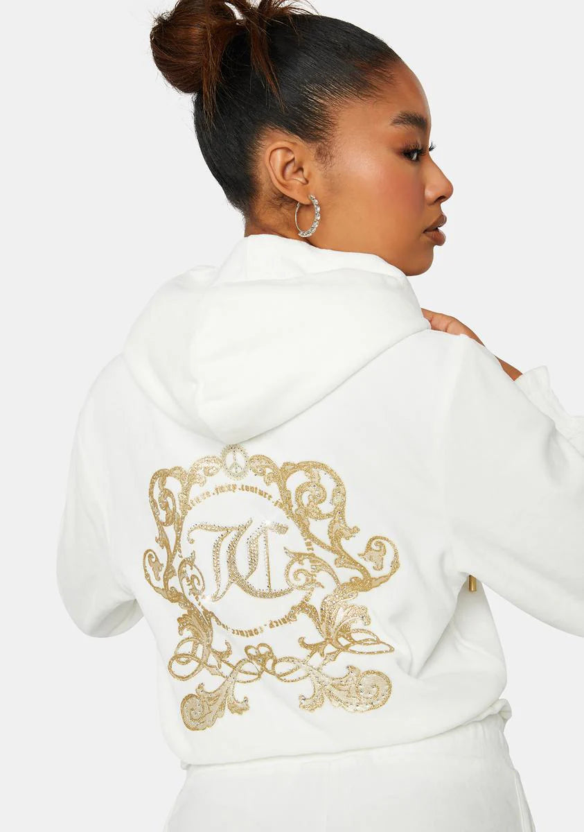 Cream Soda Monogram Cropped Velour Hoodie