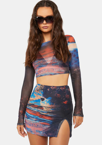 Scenic Print Mesh Slit Mini Skirt