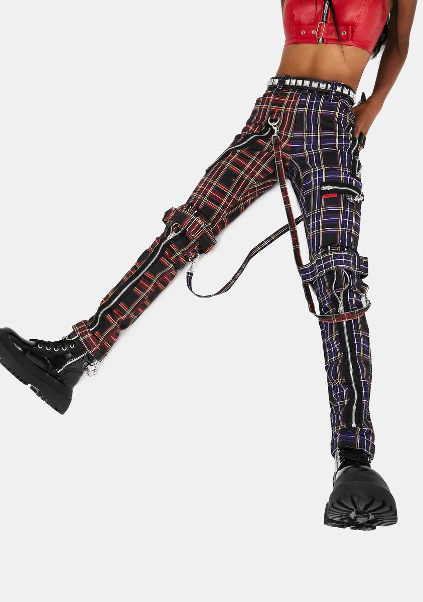 Purple Split Leg Plaid Bondage Pants