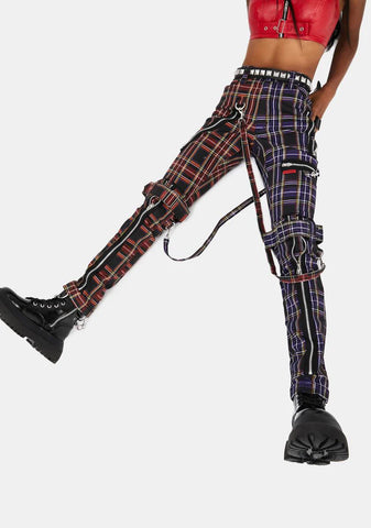 Purple Split Leg Plaid Bondage Pants