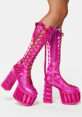 Rude Awakening Lace-Up Boots - Pink Glitter