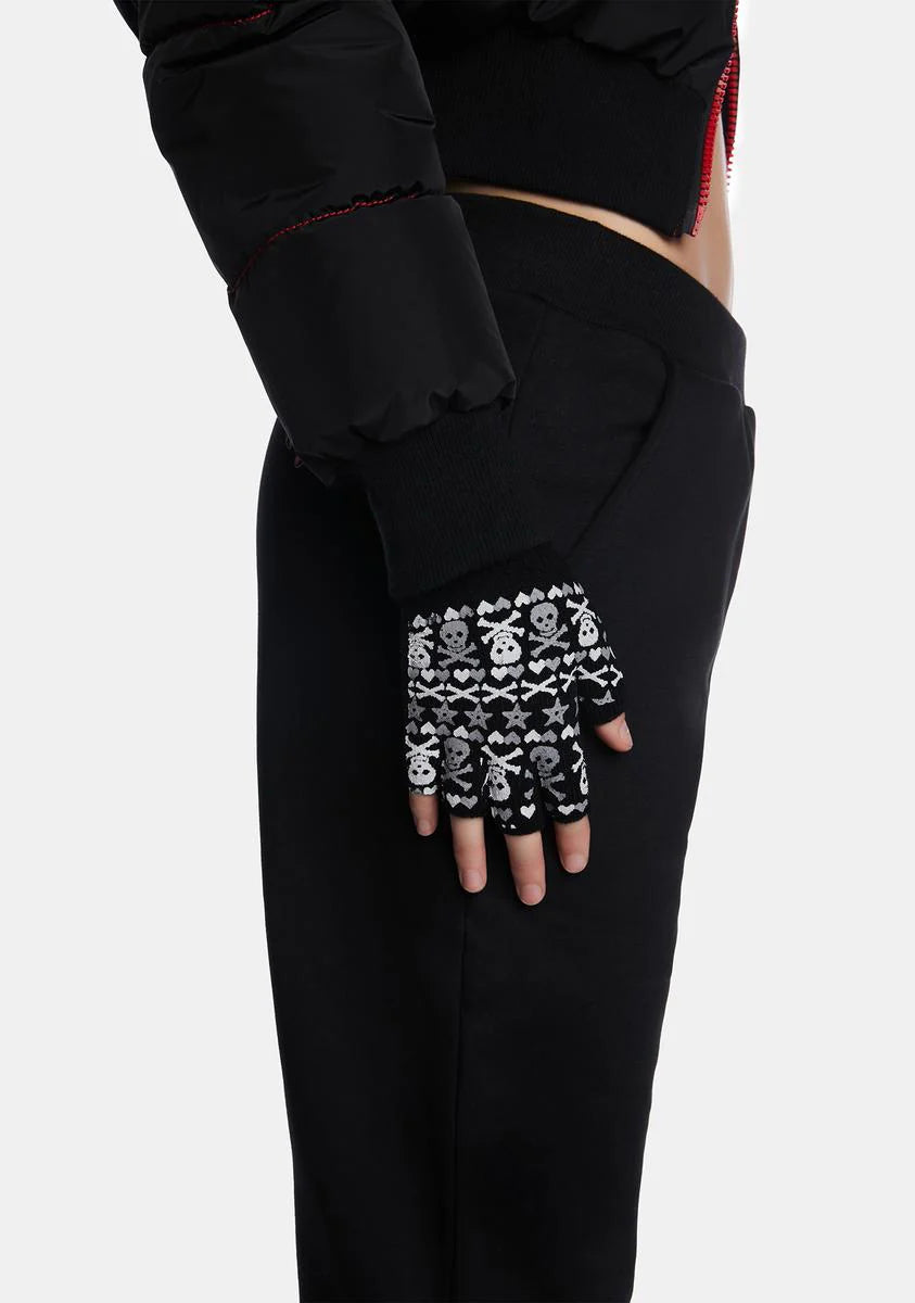 Skull Fairisle Fingerless Knit Gloves