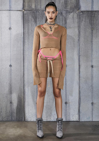 Snare Tan Cropped Longer Sleeve Sheer Knit Sweater