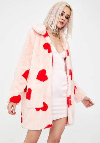 Heart Print Faux Fur Coat