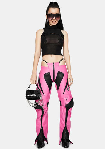 Motocross Pink Vegan Leather Panty Trousers