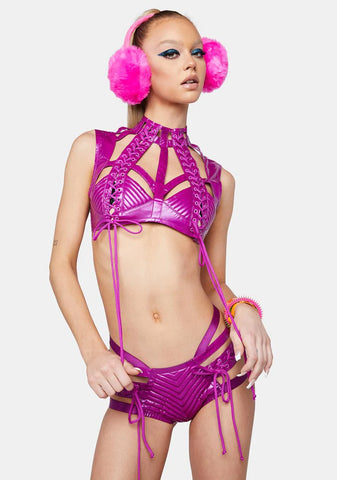 Rude Awakening Lace-Up Shorts - Purple Metallic