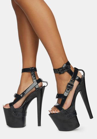 X Black Holographic Bondage Platform Heels