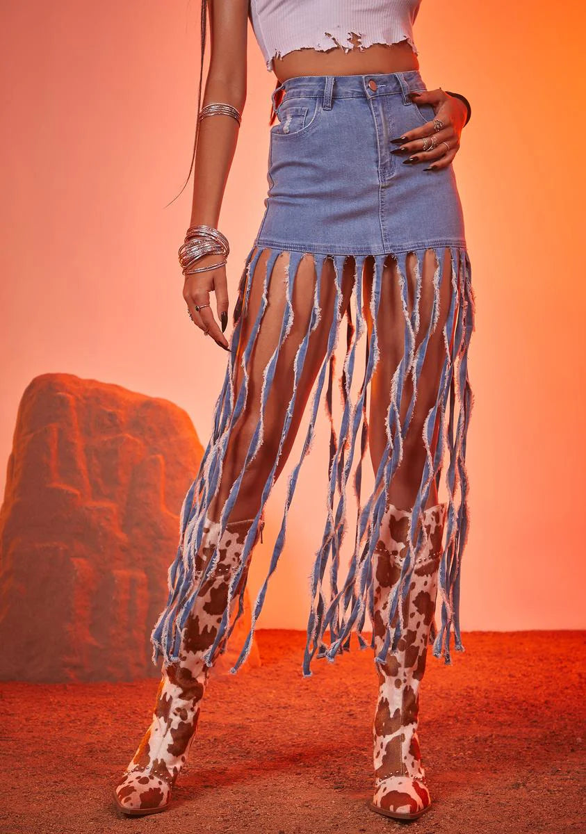 Runaway Hottie Fringe Denim Skirt