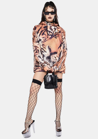 Tiger Face Print Oversized Hoodie