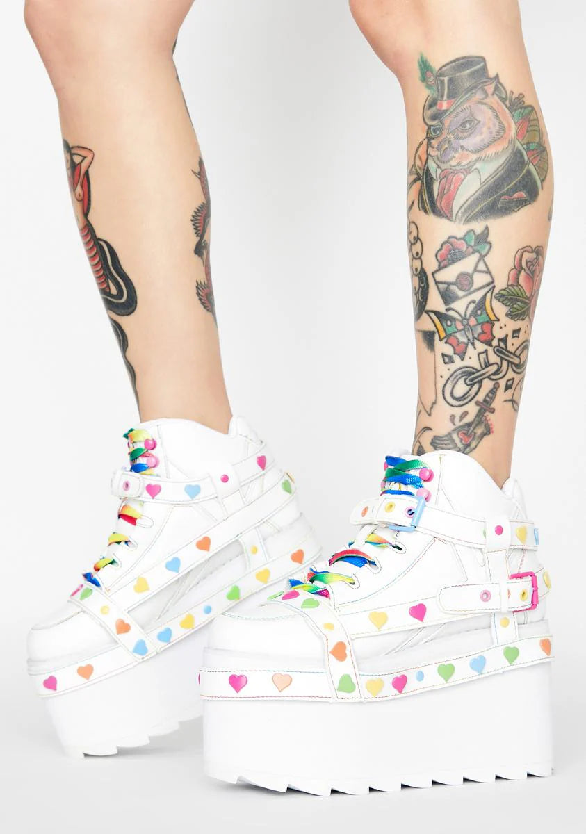 White Qozmo Bondage Rainbow Heart Platform Sneakers