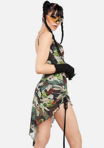 Self Love Camo Flounce Mesh Dress