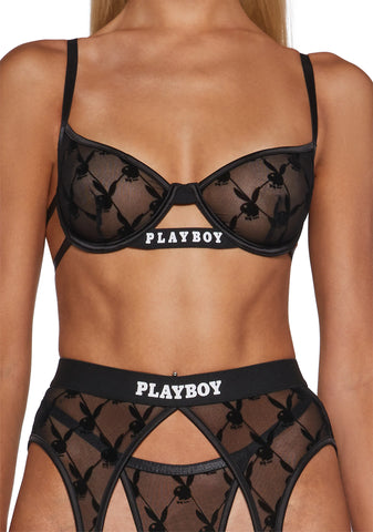 Playboy Flocked Bunny Chaps Set - Black