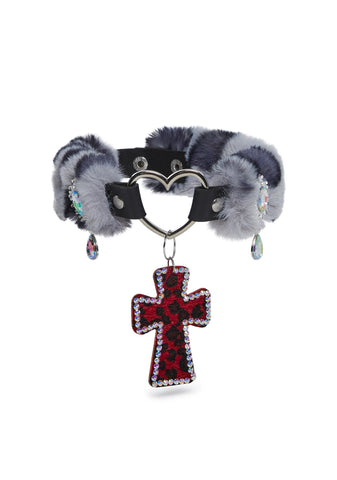 Vampy Wink Fur Cross Necklace - Gray