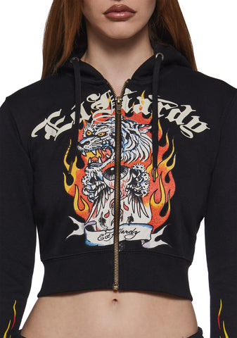 Tiger Flame Crop Zip Hoodie