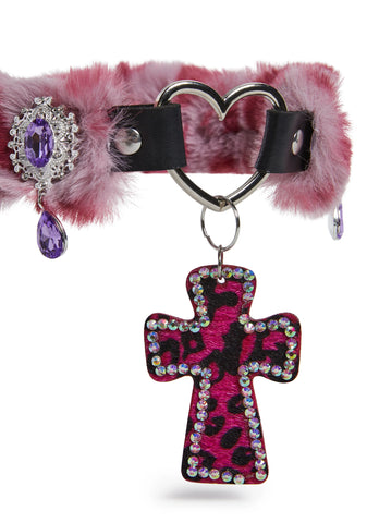 Vampy Wink Fur Cross Necklace - Pink