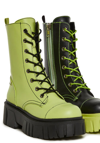 Devil Games Mismatched Combat Boots - Green