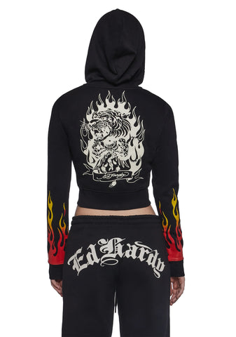 Tiger Flame Crop Zip Hoodie