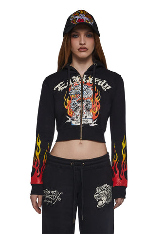 Tiger Flame Crop Zip Hoodie
