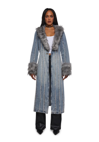 Off Beat Charm Denim Maxi Coat - Light Blue