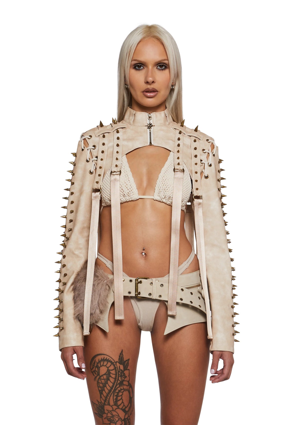 Warp Spiked Jacket With Lace Up Sleeves - Ecru
